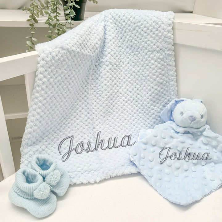 Personalised Boys Embroidered Blue Blanket, Comforter or Gift Set