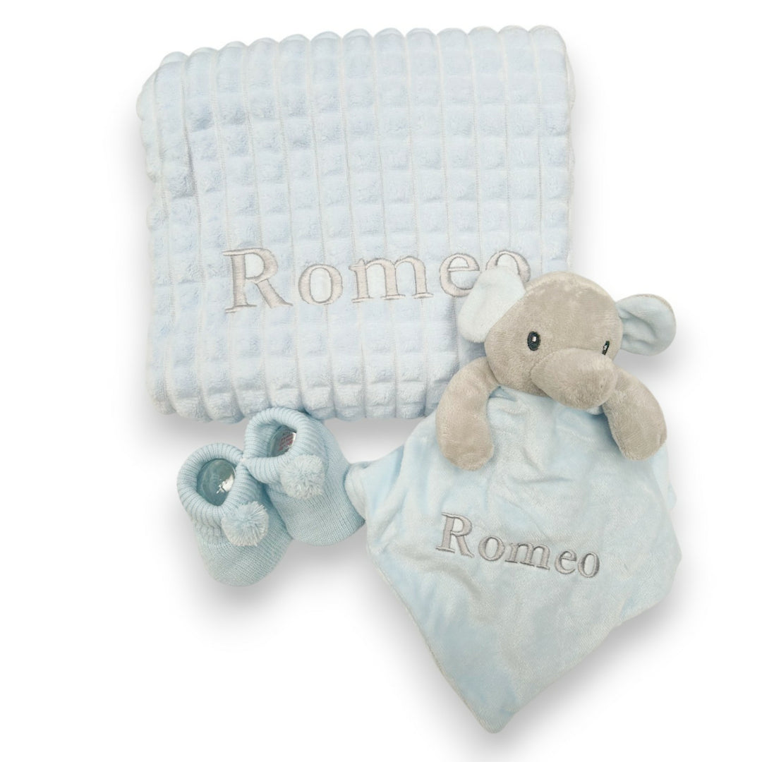 Personalised Boys Embroidered Blue Blanket, Comforter or Gift Set