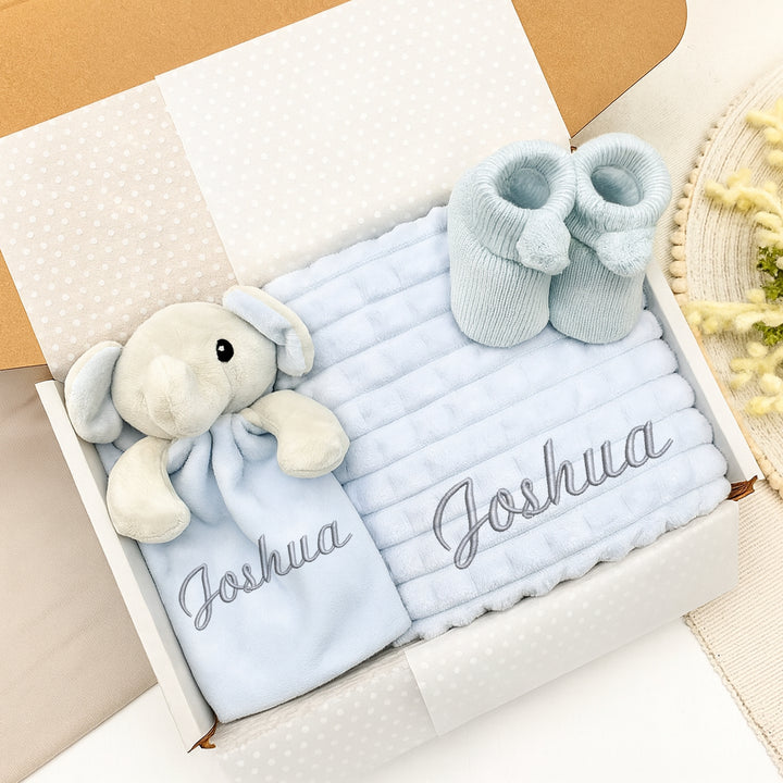 Personalised Boys Embroidered Blue Blanket, Comforter or Gift Set