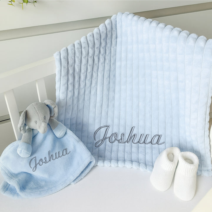 Personalised Boys Embroidered Blue Blanket, Comforter or Gift Set