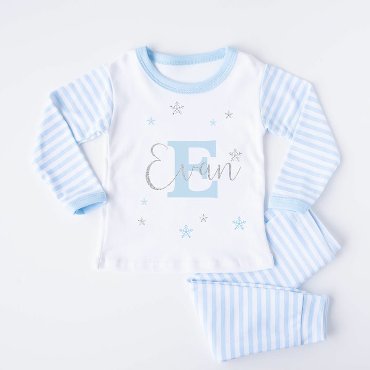 Blue Silver Glitter Initial Blue Striped Christmas Pyjamas