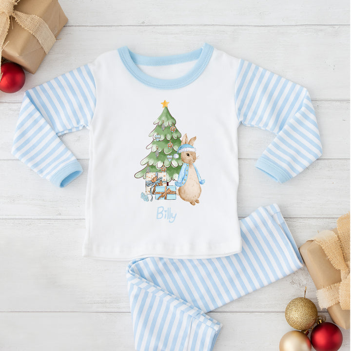 Personalised Blue Rabbit Xmas Tree Blue Striped Christmas Pyjamas