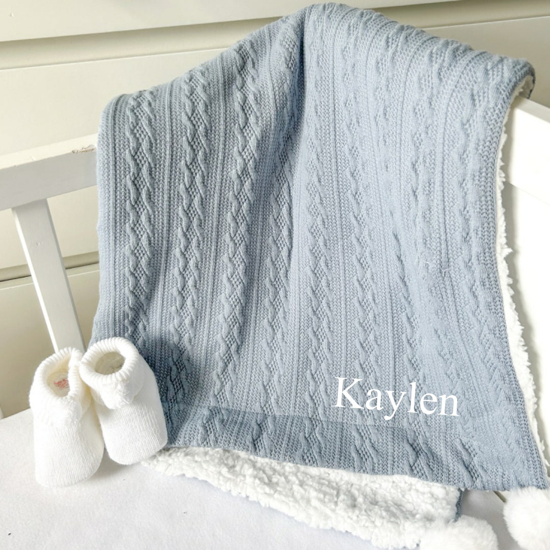 Personalised Embroidered Dusty Blue Knitted Pompom Blanket