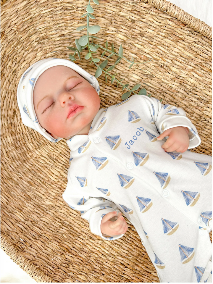 Personalised Sailboats Babygrow with optional Hat and Bib