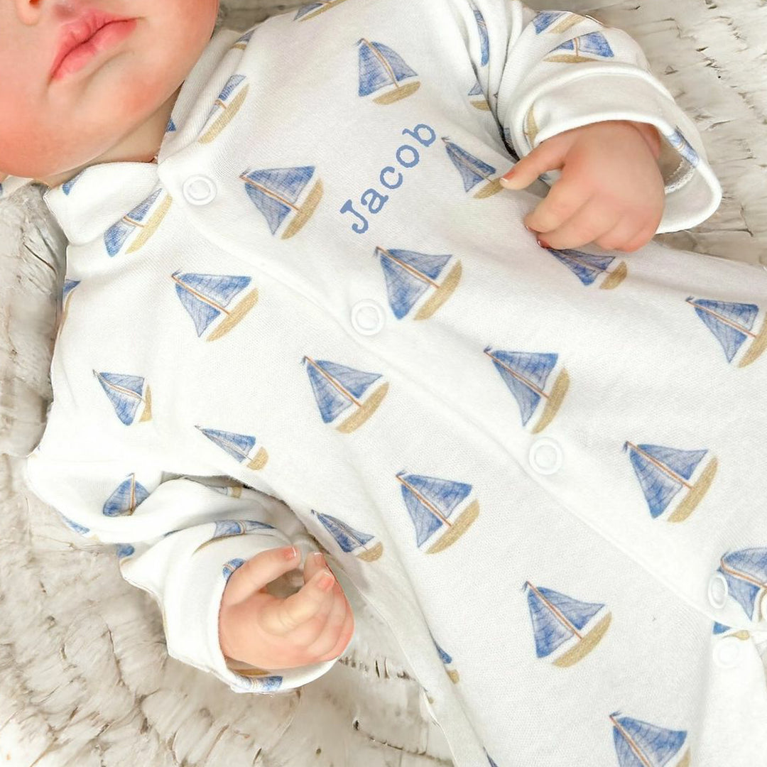 Personalised Sailboats Babygrow with optional Hat and Bib