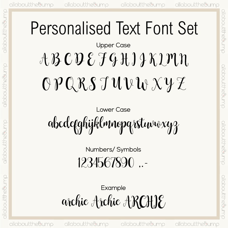 Personalised text font set with uppercase, lowercase letters, numbers, and symbols on a white background.