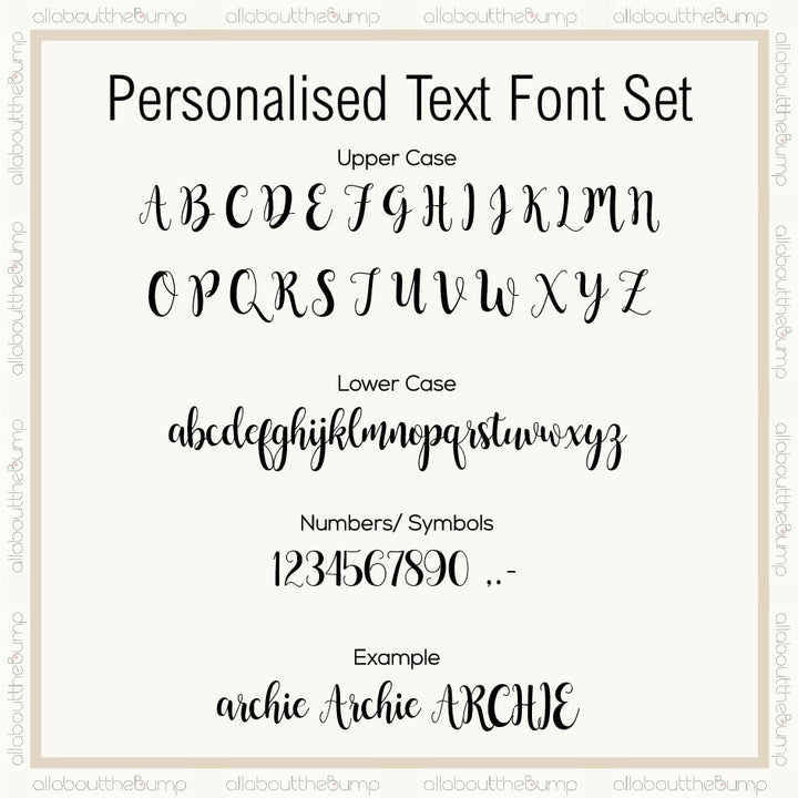 Personalised text font set with uppercase, lowercase letters, numbers, and symbols on a white background.
