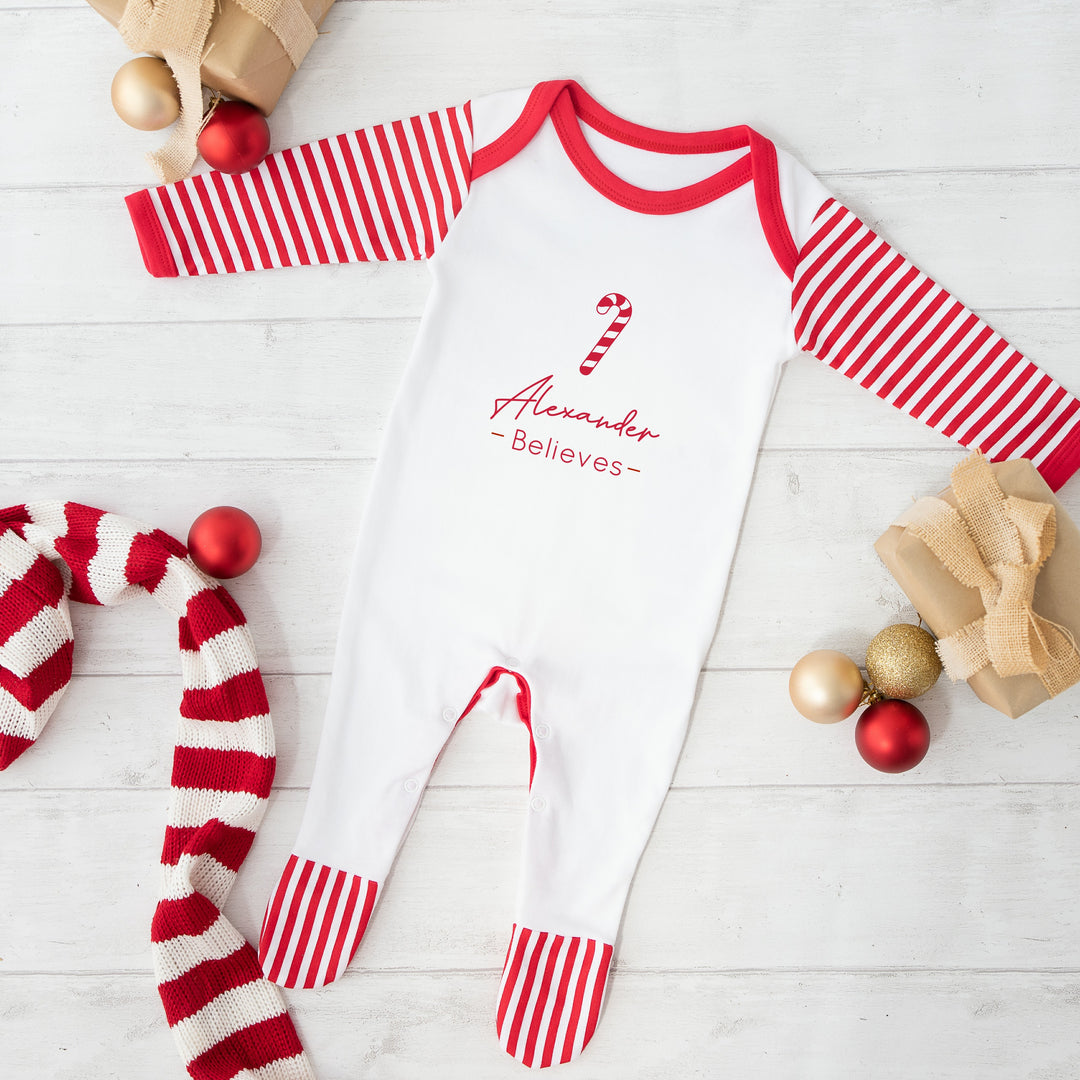 Personalised Candy Cane Sibling Matching Babygrow/Pyjamas