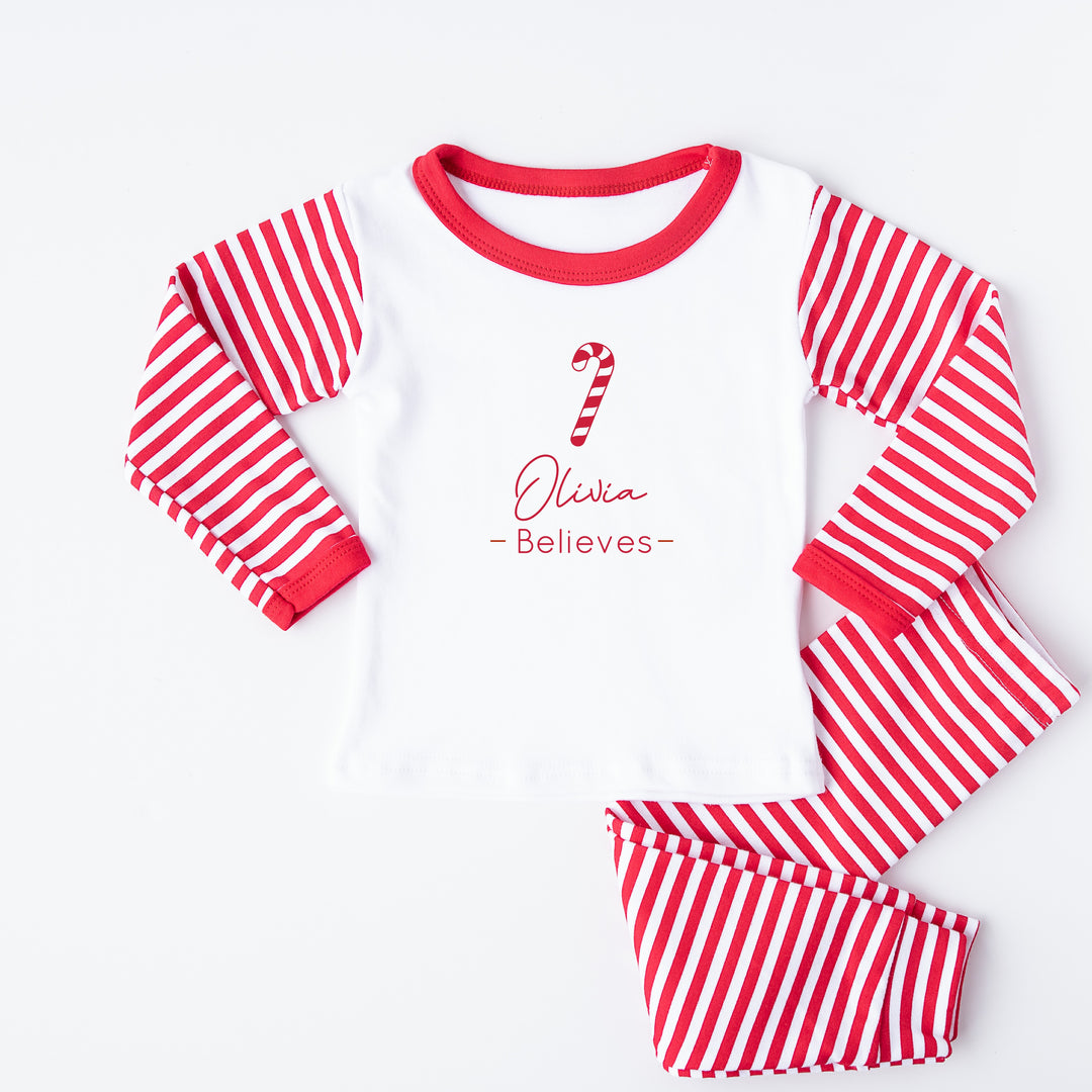 Personalised Candy Cane Believes Red Striped Christmas Pyjamas