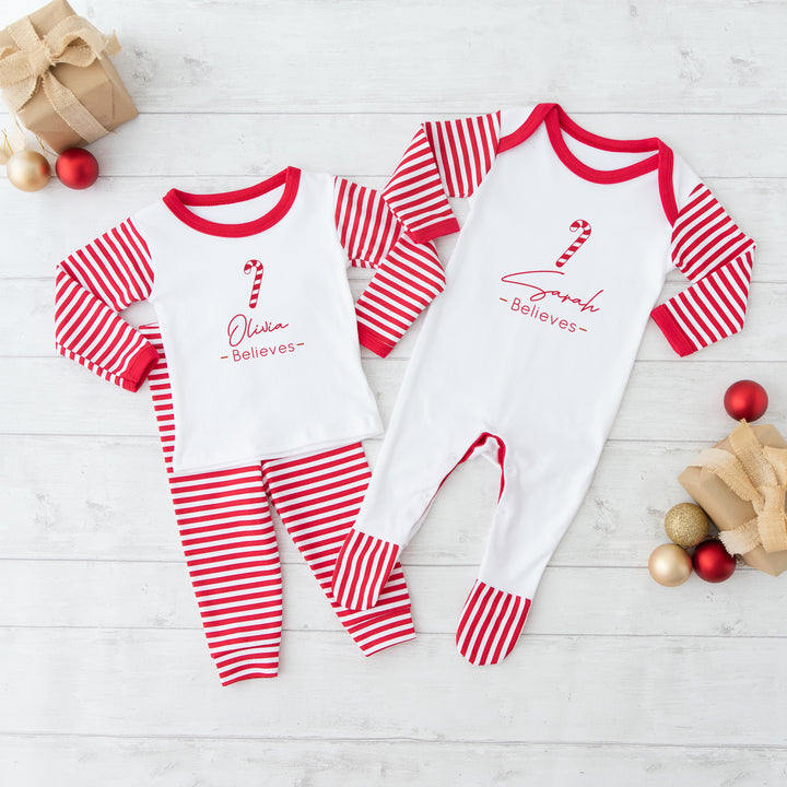 Personalised Candy Cane Sibling Matching Babygrow/Pyjamas