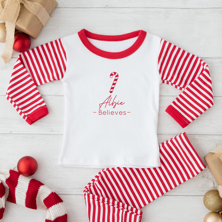 Personalised Candy Cane Believes Red Striped Christmas Pyjamas