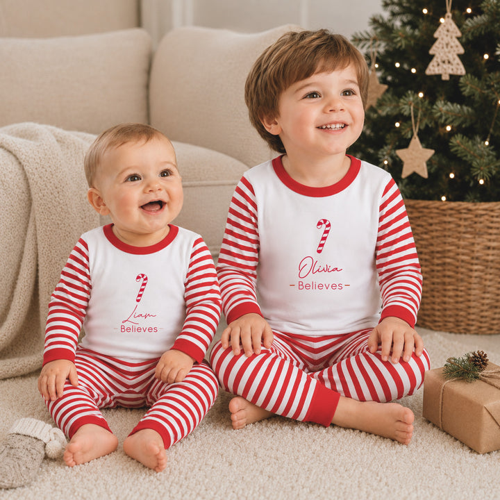Personalised Candy Cane Christmas Sibling Matching Pyjamas or Baby Grow