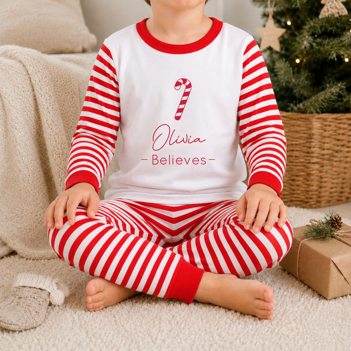 Personalised Candy Cane Christmas Sibling Matching Pyjamas or Baby Grow