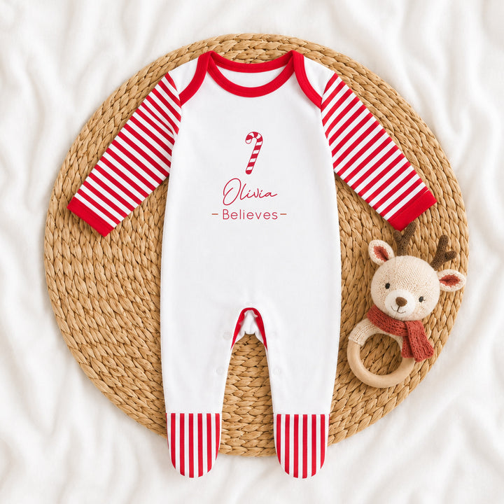 Personalised Candy Cane Christmas Sibling Matching Pyjamas or Baby Grow