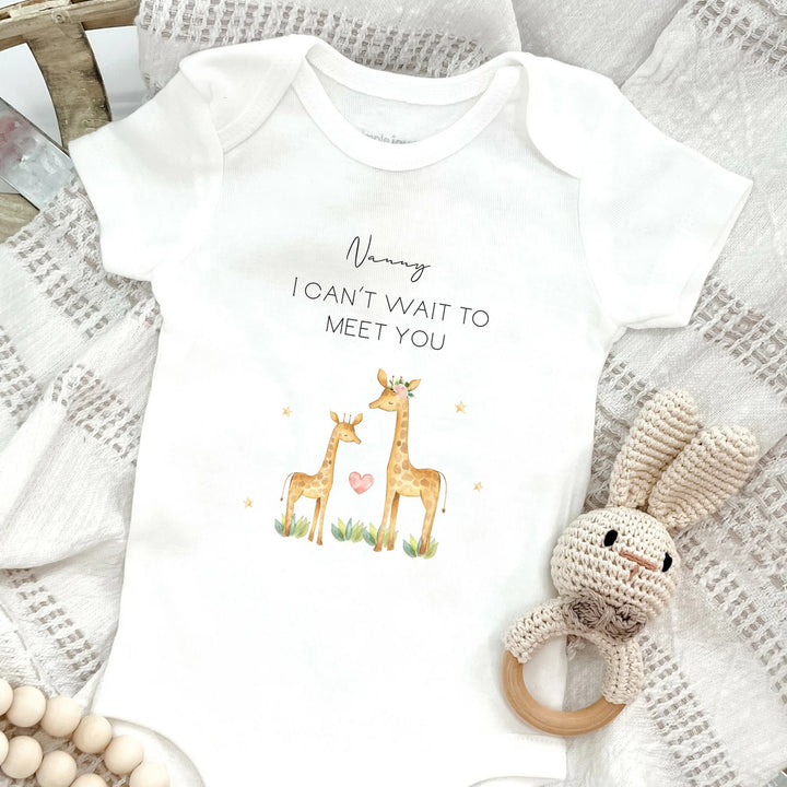 Personalised Nanny Grandad I Can't Wait To Meet You Giraffe Baby Announcement Vest