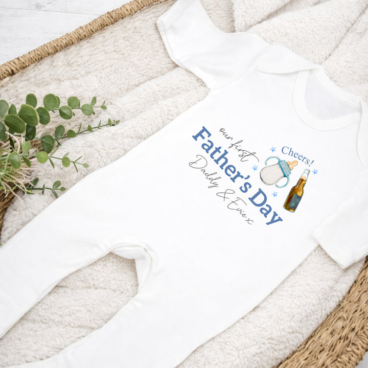 Personalised Blue Cheers Milk Father's Day Baby Grow or Vest