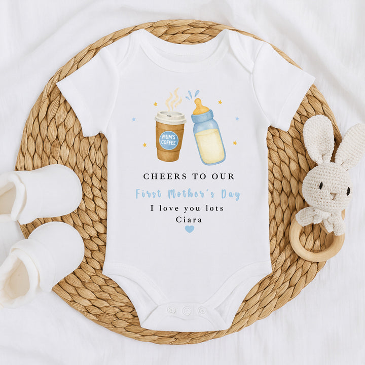 Personalised Blue Cheers Our First Mother's Day Baby Grow, Vest or Bib