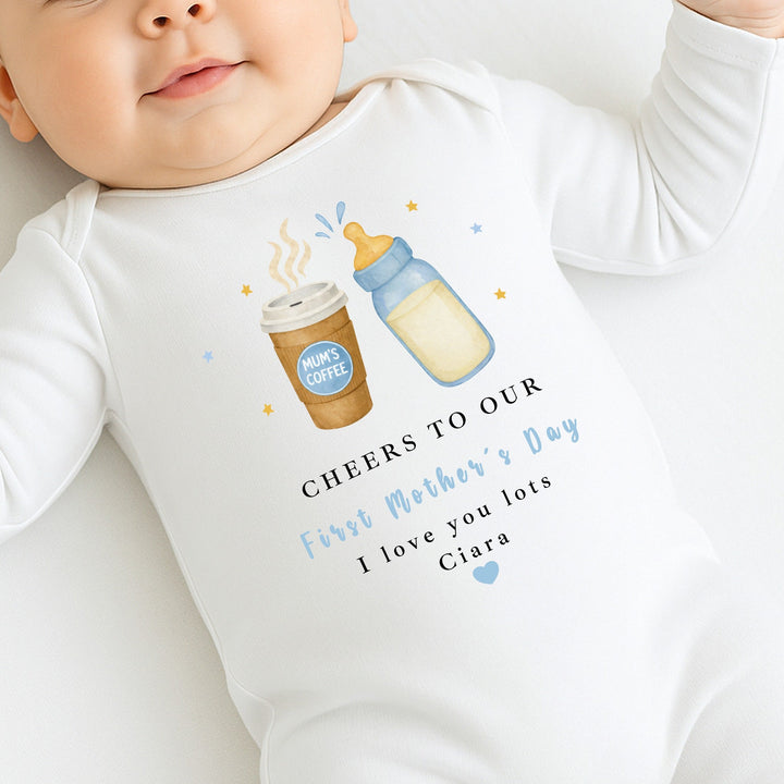 Personalised Blue Cheers Our First Mother's Day Baby Grow, Vest or Bib