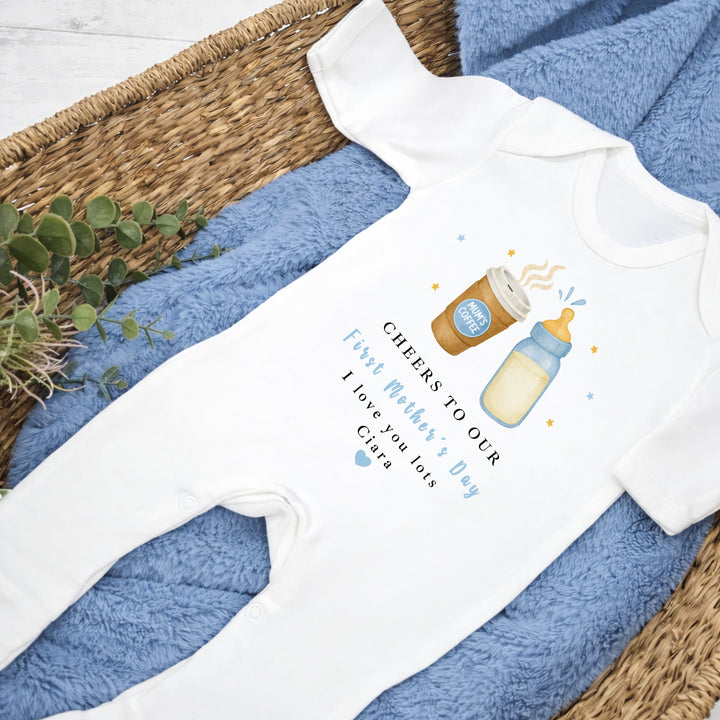 Personalised Blue Cheers Our First Mother's Day Baby Grow, Vest or Bib