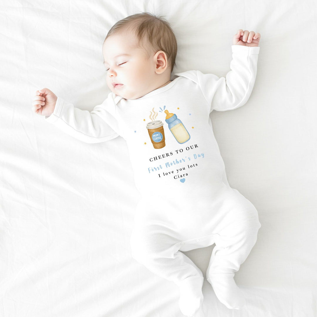 Personalised Blue Cheers Our First Mother's Day Baby Grow, Vest or Bib