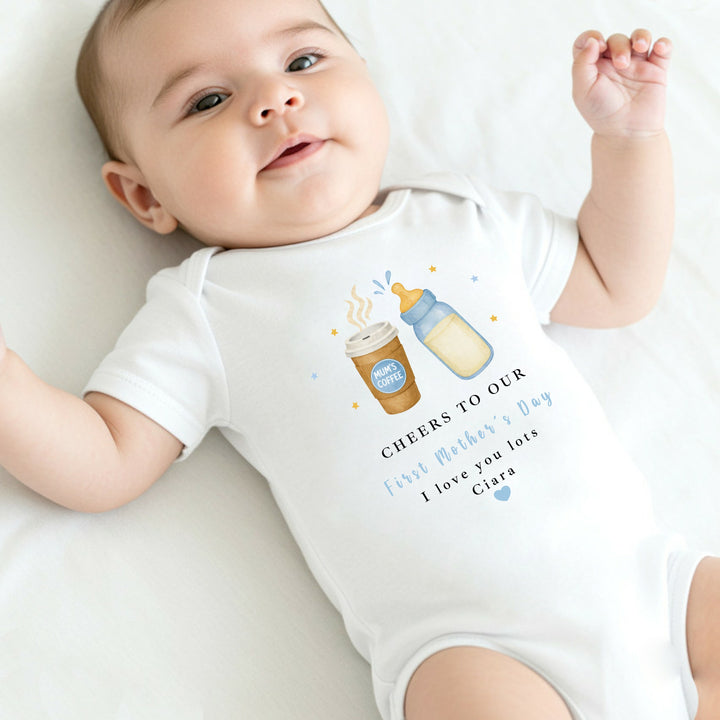 Personalised Blue Cheers Our First Mother's Day Baby Grow, Vest or Bib