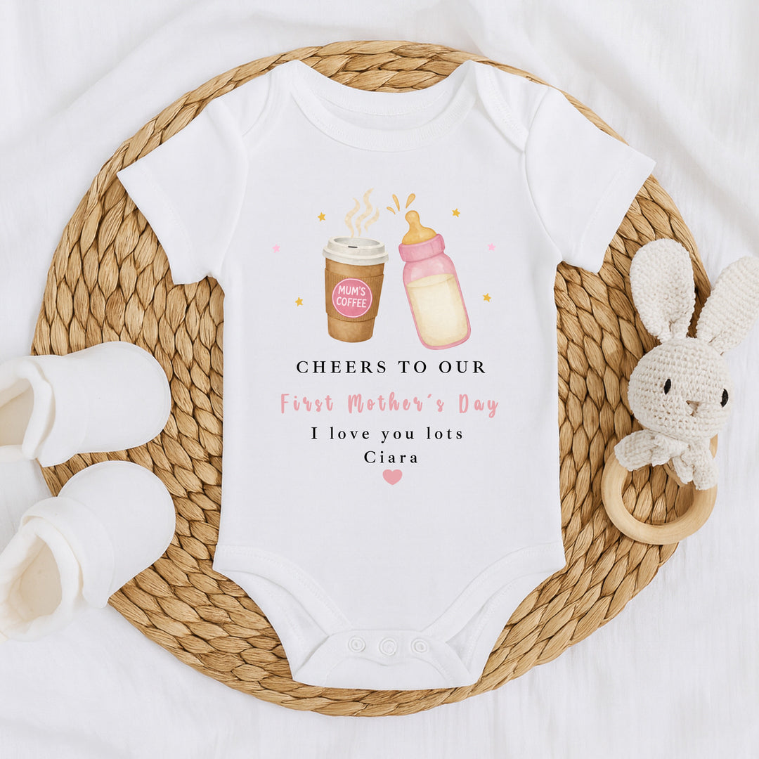 Personalised Pink Cheers Our First Mother's Day Baby Grow, Vest or Bib