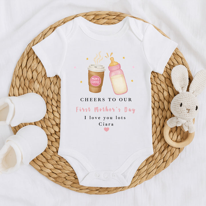 Personalised Pink Cheers Our First Mother's Day Baby Grow, Vest or Bib