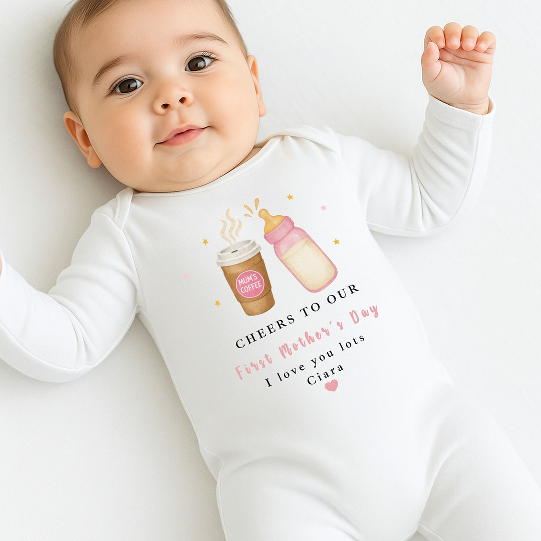 Personalised Pink Cheers Our First Mother's Day Baby Grow, Vest or Bib