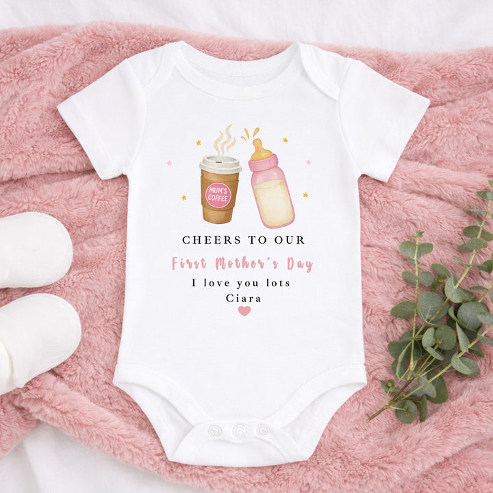 Personalised Pink Cheers Our First Mother's Day Baby Grow, Vest or Bib