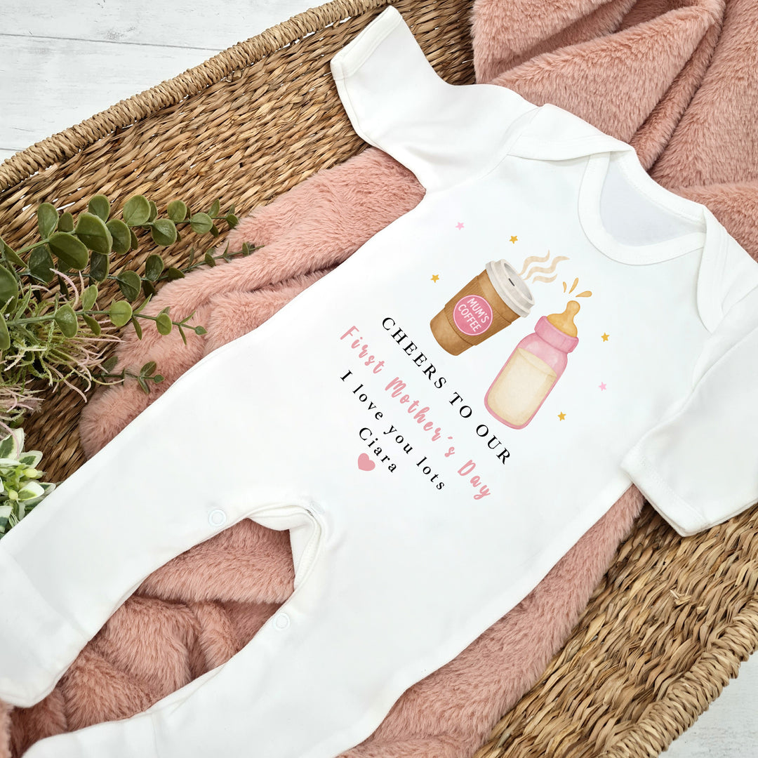 Personalised Pink Cheers Our First Mother's Day Baby Grow, Vest or Bib