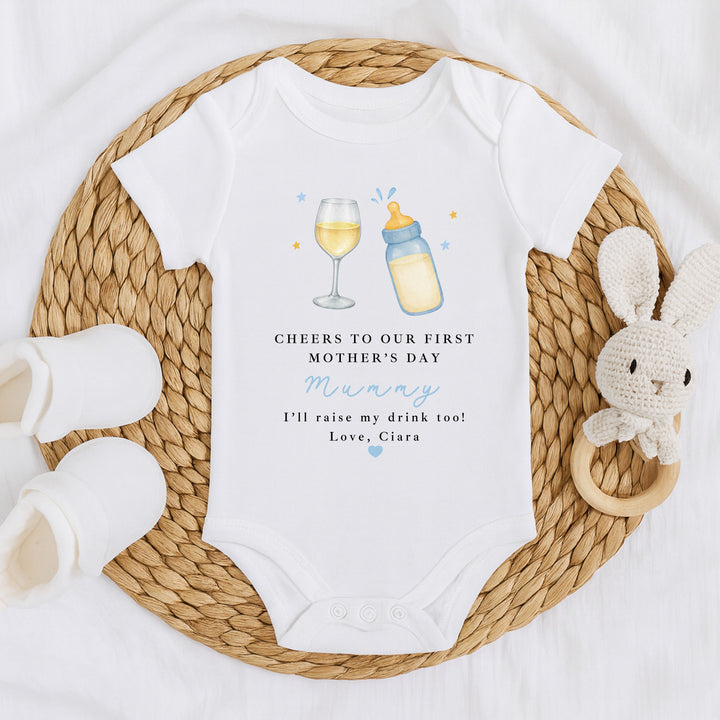 Personalised Blue Wine Cheers Our First Mother's Day Baby Grow, Vest or Bib
