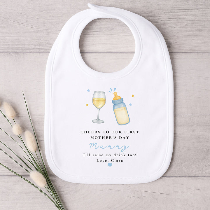 Personalised Blue Wine Cheers Our First Mother's Day Baby Grow, Vest or Bib