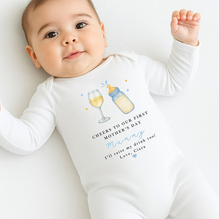 Personalised Blue Wine Cheers Our First Mother's Day Baby Grow, Vest or Bib