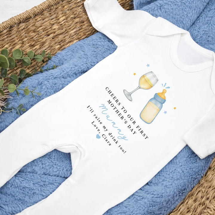 Personalised Blue Wine Cheers Our First Mother's Day Baby Grow, Vest or Bib