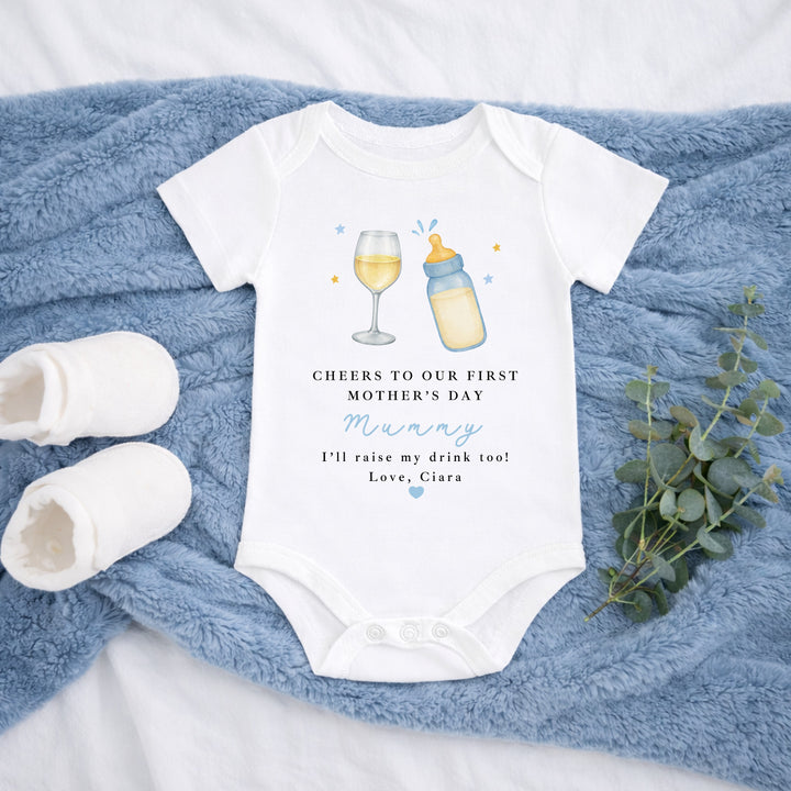 Personalised Blue Wine Cheers Our First Mother's Day Baby Grow, Vest or Bib
