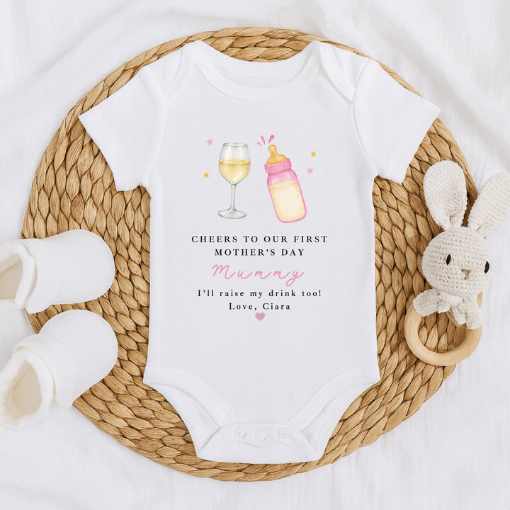 Personalised Pink Wine Cheers Our First Mother's Day Baby Grow, Vest or Bib
