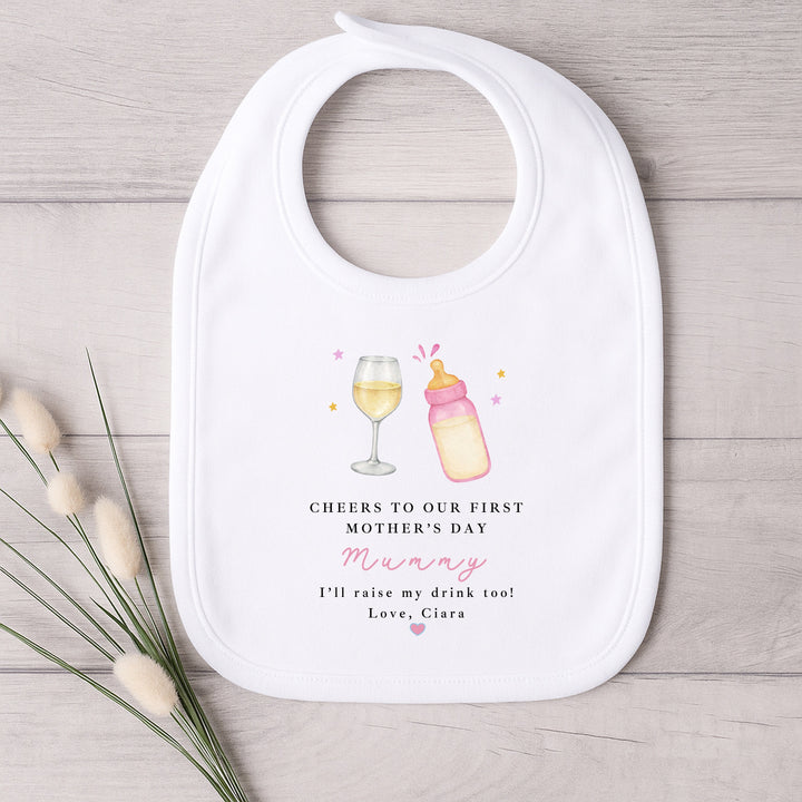 Personalised Pink Wine Cheers Our First Mother's Day Baby Grow, Vest or Bib