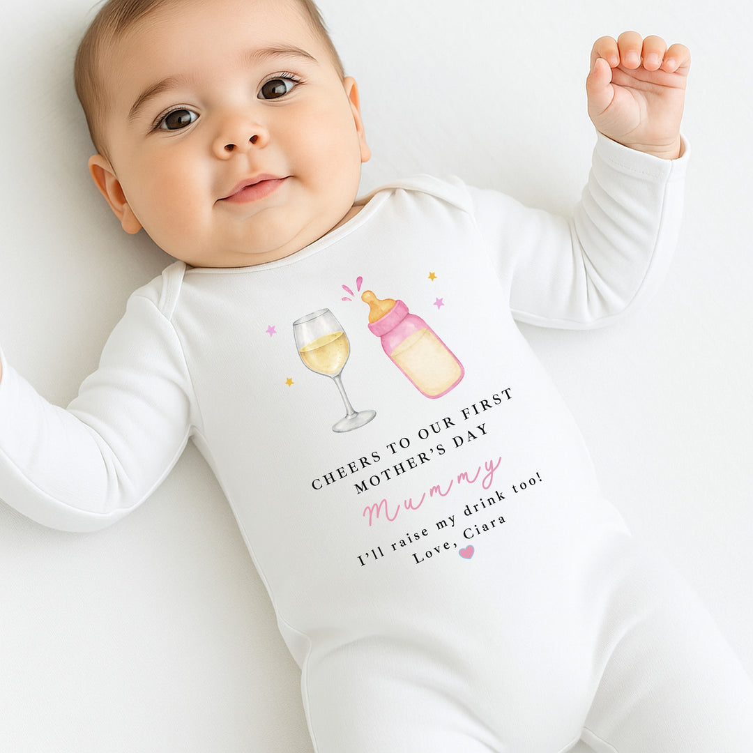 Personalised Pink Wine Cheers Our First Mother's Day Baby Grow, Vest or Bib