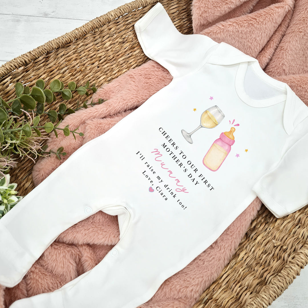 Personalised Pink Wine Cheers Our First Mother's Day Baby Grow, Vest or Bib