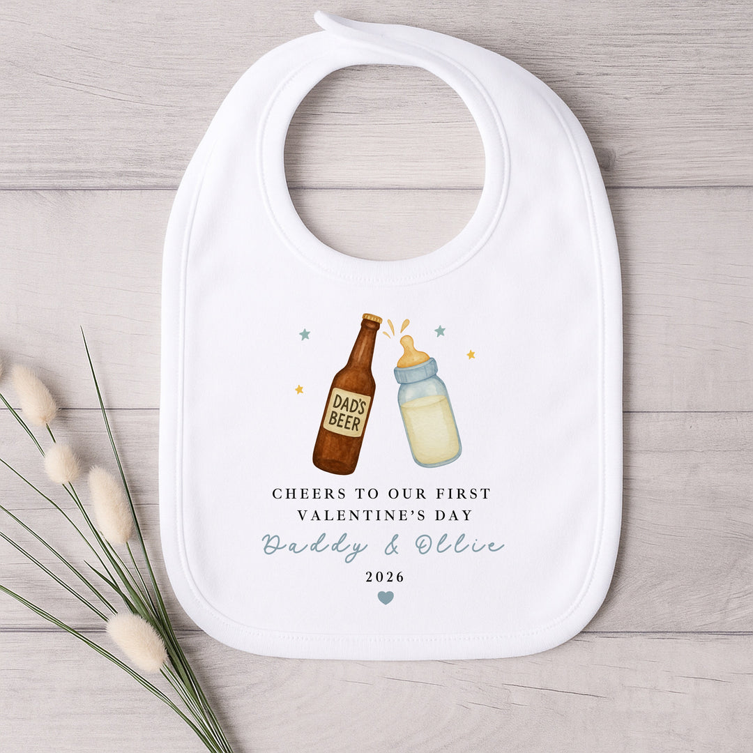 Personalised Blue Cheers Our First Valentines Day Baby Grow, Vest or Bib