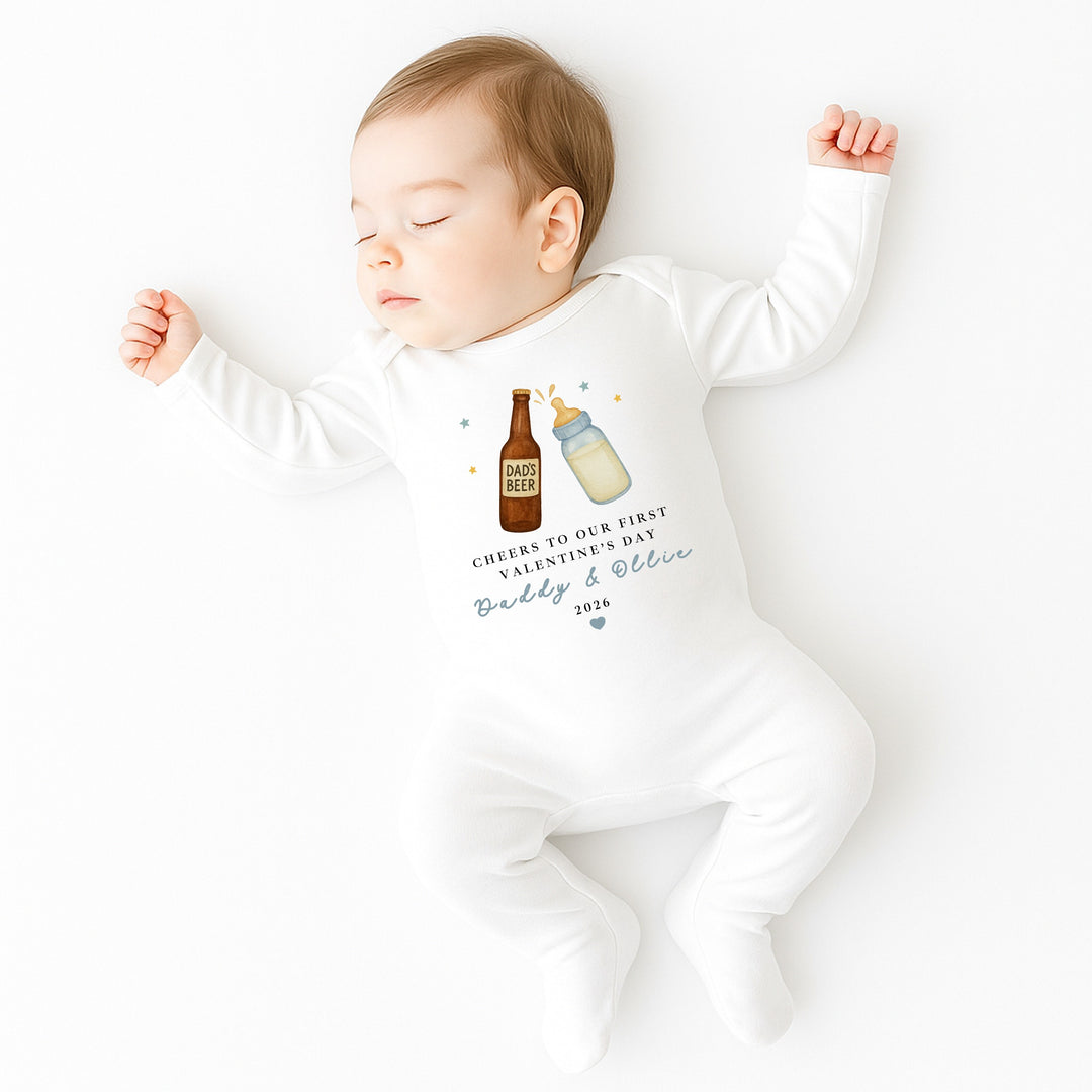 Personalised Blue Cheers Our First Valentines Day Baby Grow, Vest or Bib