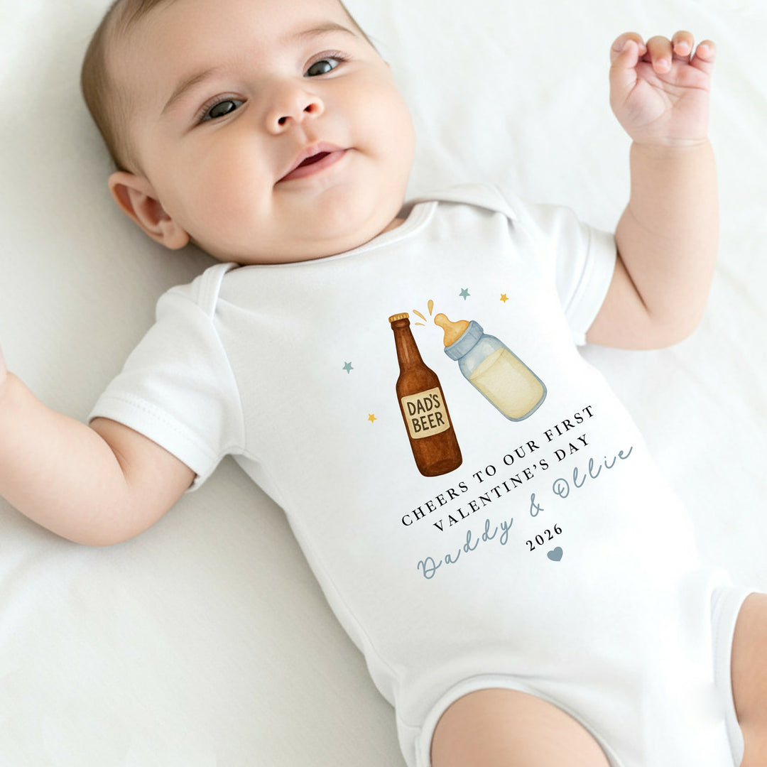 Personalised Blue Cheers Our First Valentines Day Baby Grow, Vest or Bib