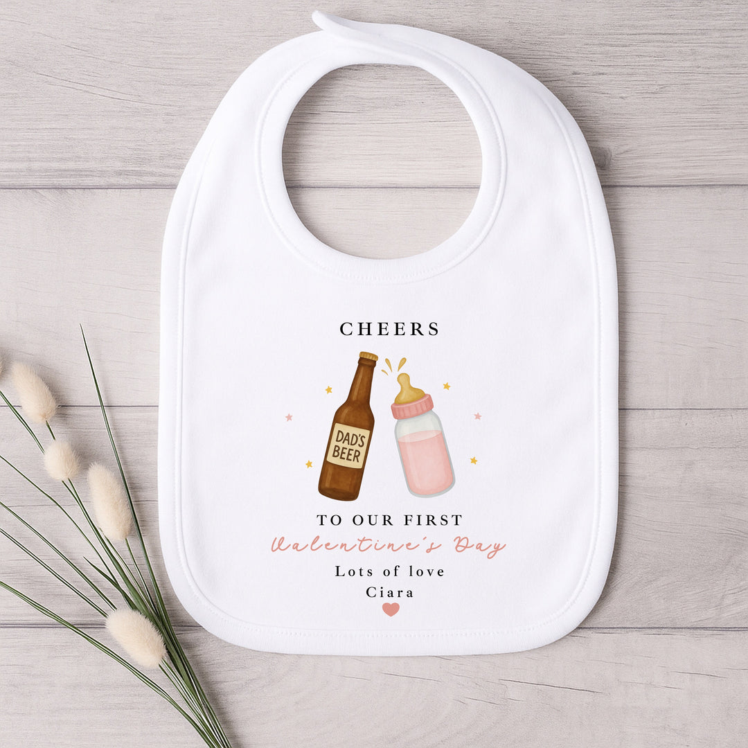 Personalised Pink Cheers Our First Valentines Day Baby Grow, Vest or Bib