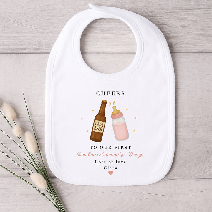 Personalised Pink Cheers Our First Valentines Day Baby Grow, Vest or Bib