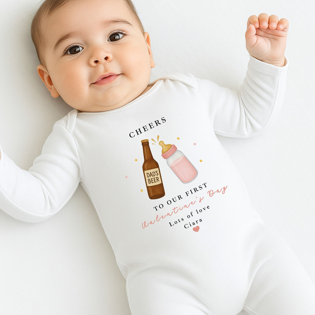 Personalised Pink Cheers Our First Valentines Day Baby Grow, Vest or Bib
