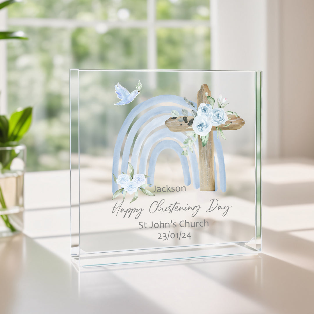 Personalised My Christening Day Blue Rainbow Acrylic Plaque