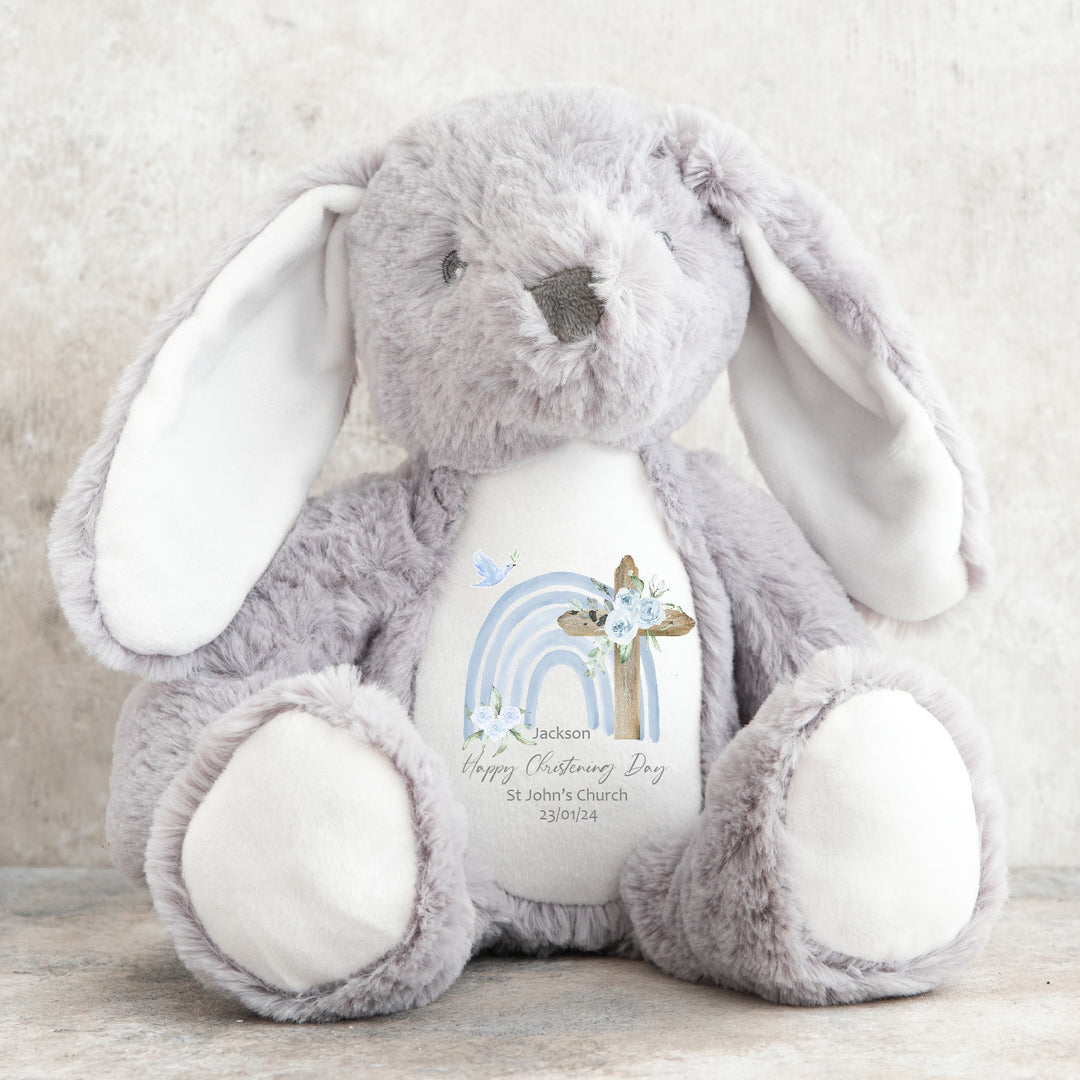 Personalised Boys Blue Rainbow Christening Rabbit Bunny/Teddy