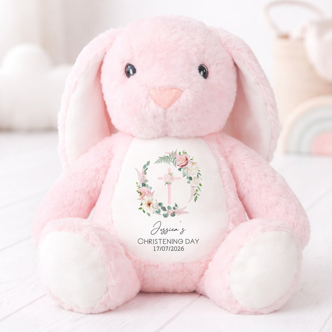 Personalised Pink Floral Wreath Christening Day Rabbit