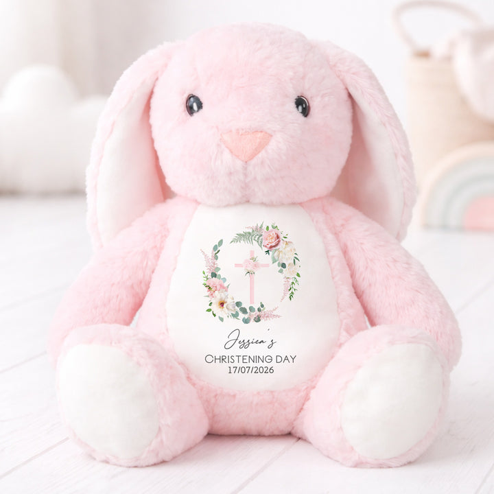 Personalised Pink Floral Wreath Christening Day Rabbit
