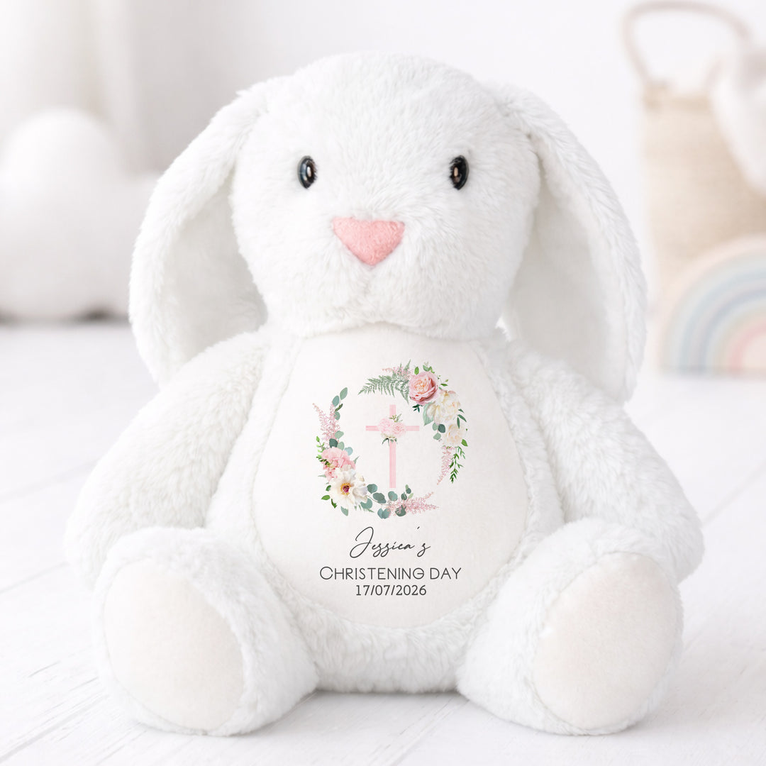 Personalised Pink Floral Wreath Christening Day Rabbit